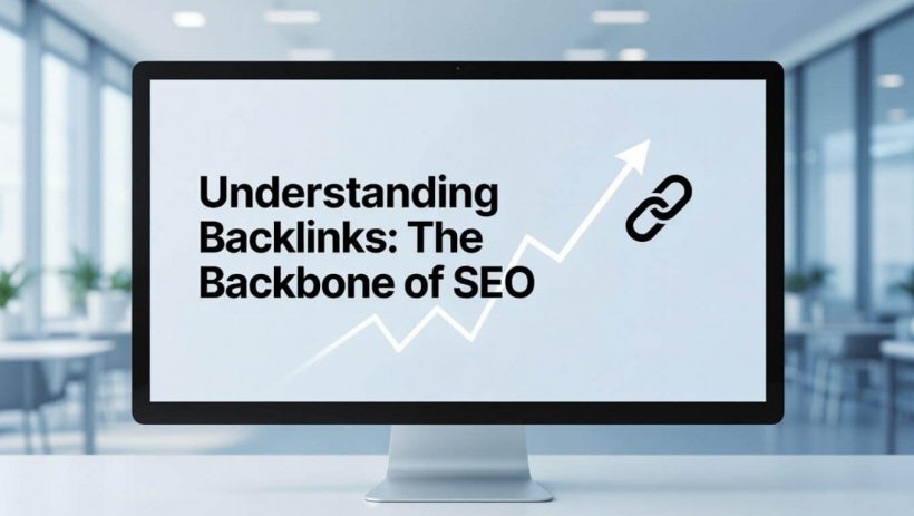 A desktop computer monitor in a bright office displaying the text: 'Understanding Backlinks: The Backbone of SEO'