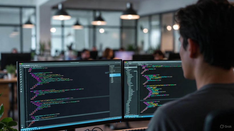 Web developer inspecting HTML source code 
for on-page SEO optimization.