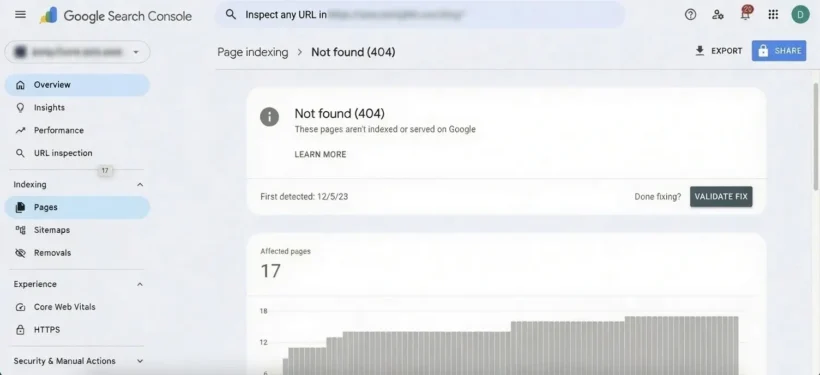 Google Search Console Pages report showing 404 errors