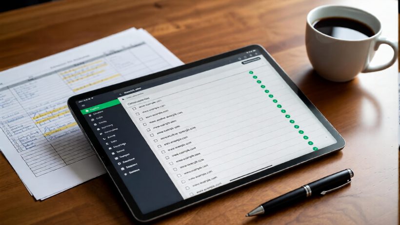 Content inventory on a tablet and spreadsheet, blog audit process
