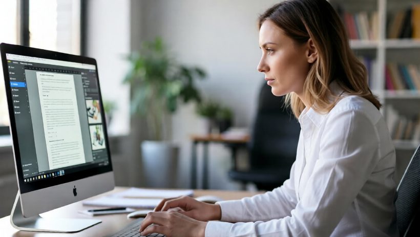 SEO content audit and data analysis on a laptop screen in a modern office