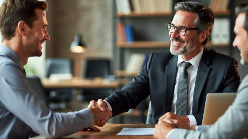 Lawyer shaking hands with a happy client in an office, representing building trust and earning positive reviews ethically.