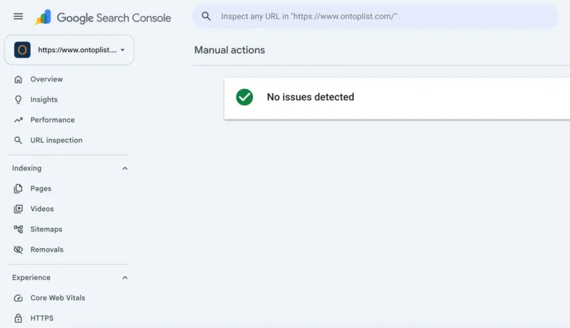 Google Search Console Manual Actions report showing - No issues detected
