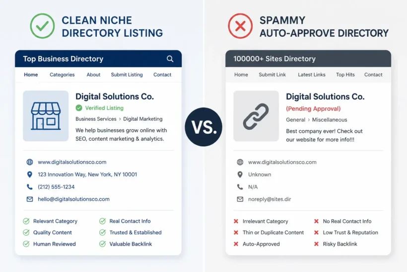 Side-by-side comparison of a clean niche directory listing versus a spammy auto-approve directory