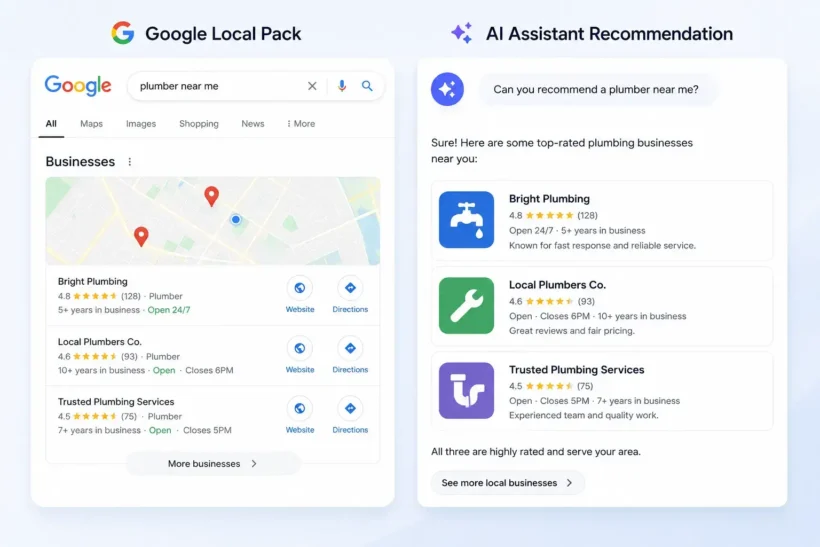 Side-by-side of a Google local pack result and an AI assistant recommending local businesses